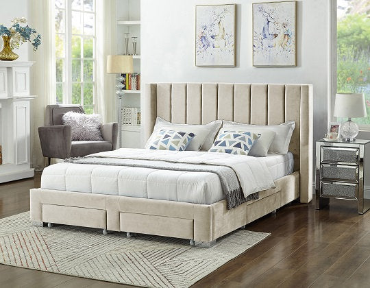 Velvet Fabric Wing Bed with Vertical Deep Tufting and Chrome Legs IF-5310