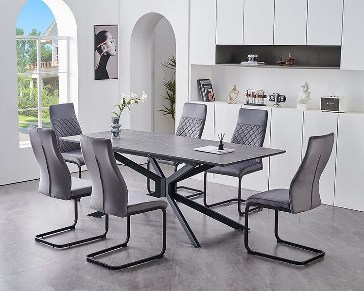 Faux Grey Marble Extension Dining Set with Velvet C-Base Chairs – T-1570