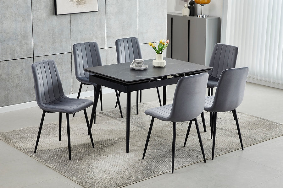 Black Sintered Stone Extension Dining Set with Velvet Chairs – T-1472