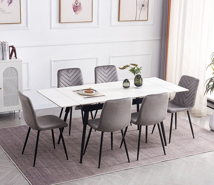 Modern Extension Dining Set with Chevron-Stitched Velvet Chairs – T-1818