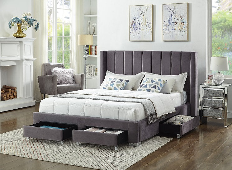 Velvet Fabric Wing Bed with Vertical Deep Tufting and Chrome Legs IF-5310