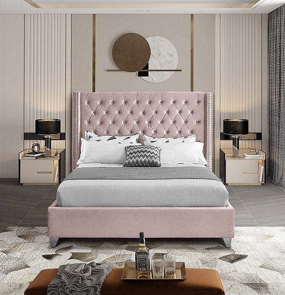 Dusty Pink Velvet Wing Bed with Deep Button Tufting & Nailhead Trim – IF-5895