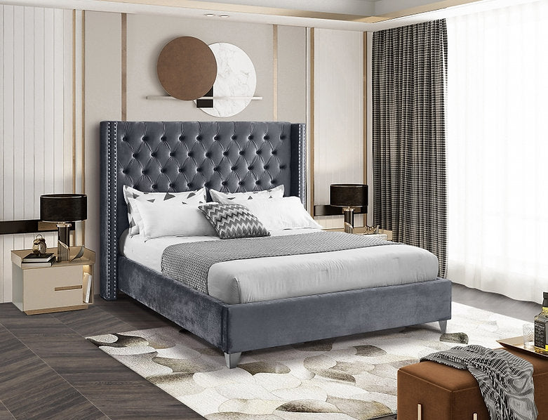 Velvet Fabric Bed with Deep Button Tufting & Nailhead Trim – IF-5892