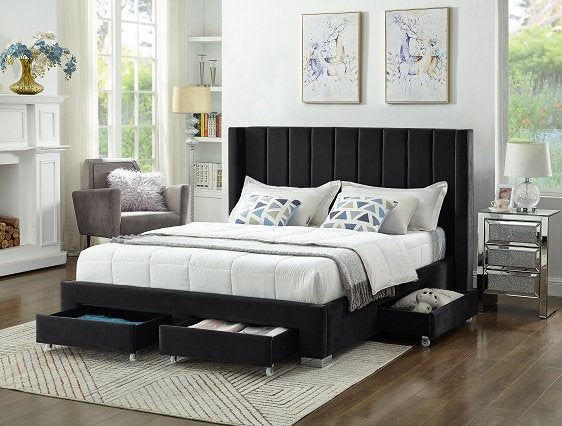 Velvet Fabric Wing Bed with Vertical Deep Tufting and Chrome Legs IF-5310