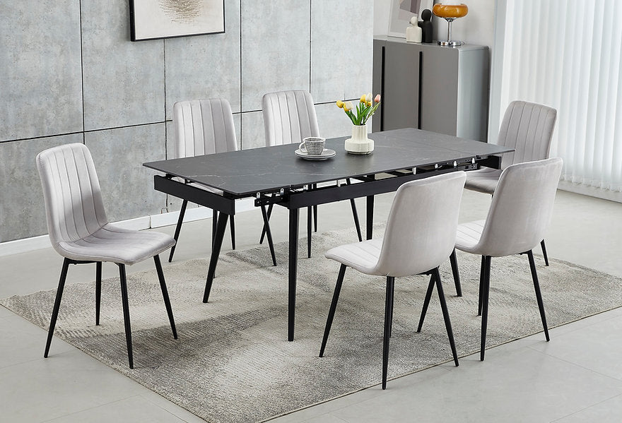 Black Sintered Stone Extension Dining Set with Velvet Chairs – T-1472