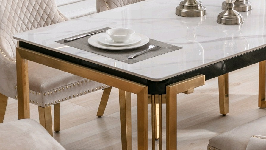 White Ceramic Marble Dining Set with Gold Velvet Chairs – T-1275