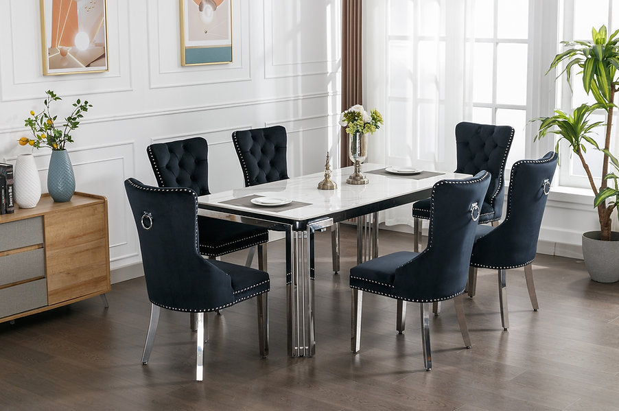Ceramic Marble Dining Set with Lion Knocker Velvet Chairs – T-1274
