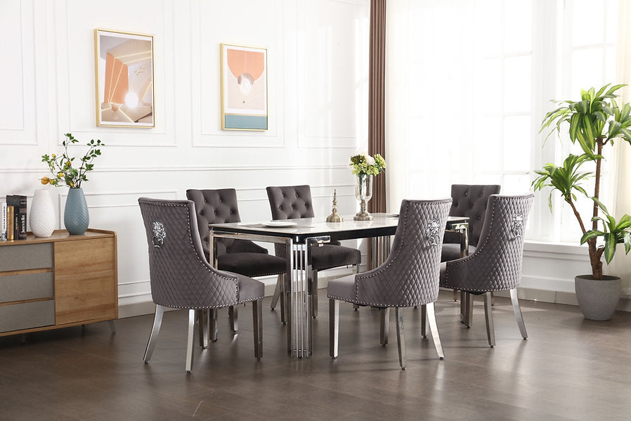 Ceramic Marble Dining Set with Lion Knocker Velvet Chairs – T-1274