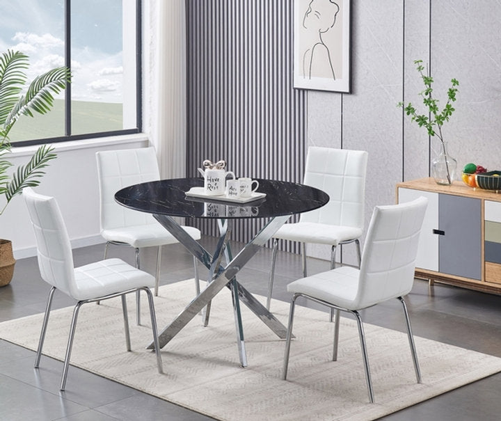 Round Black Marble Glass Dining Set with Chrome Legs – Model T-1446