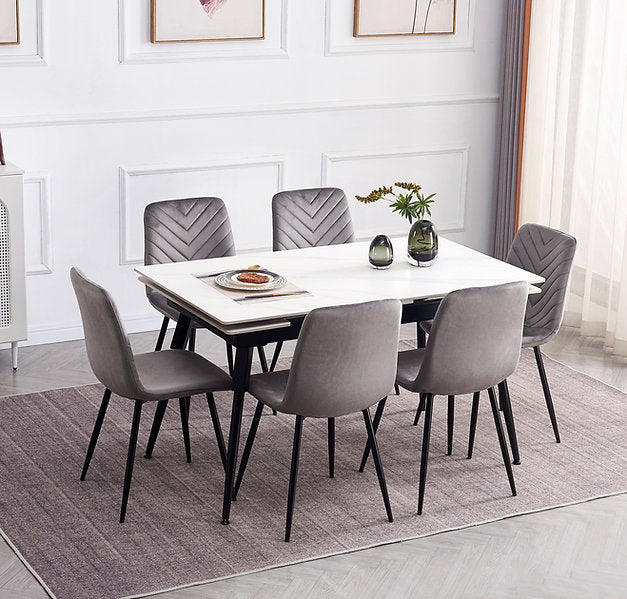 Modern Extension Dining Set with Chevron-Stitched Velvet Chairs – T-1818