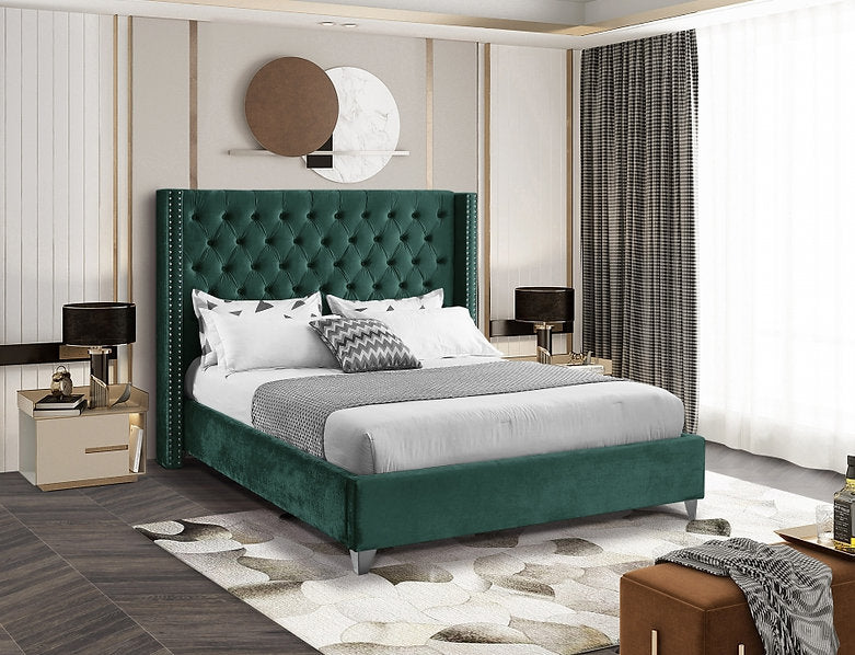Velvet Wing Bed with Deep Button Tufting & Nailhead Trim – IF-5894